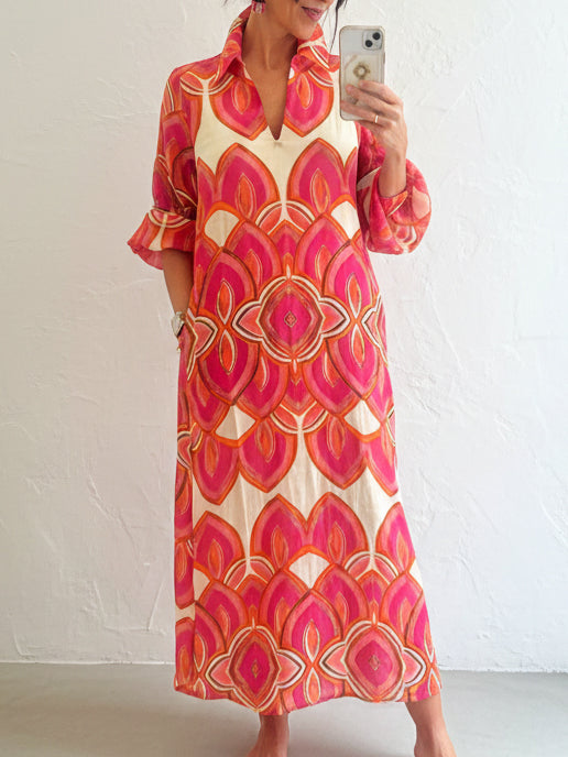 Retro Stand-Up Collar Floral Print Loose Linen Cotton Dress