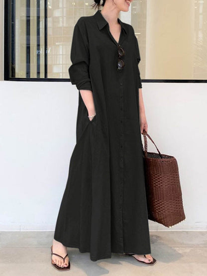 Solid Color Casual Loose Elegant V-Neck Cotton and Linen Pocket Shirt Dress