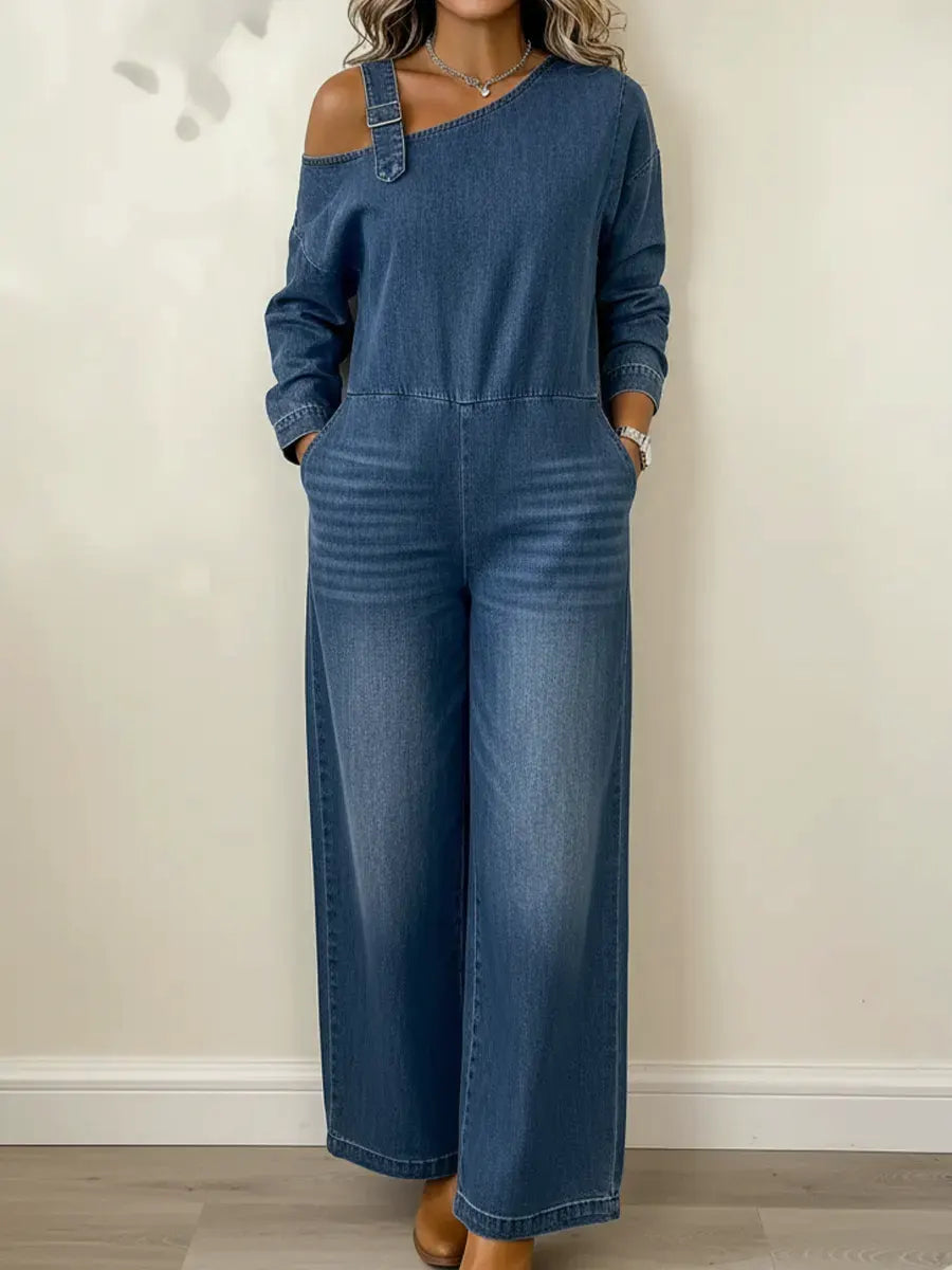 Fashionable Off-the-Shoulder Denim Jumpsuit