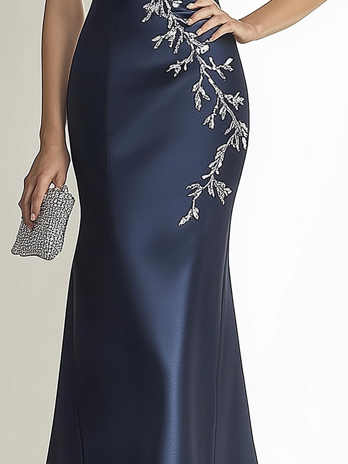 Navy Blue Satin Gown with Silver Embroidery