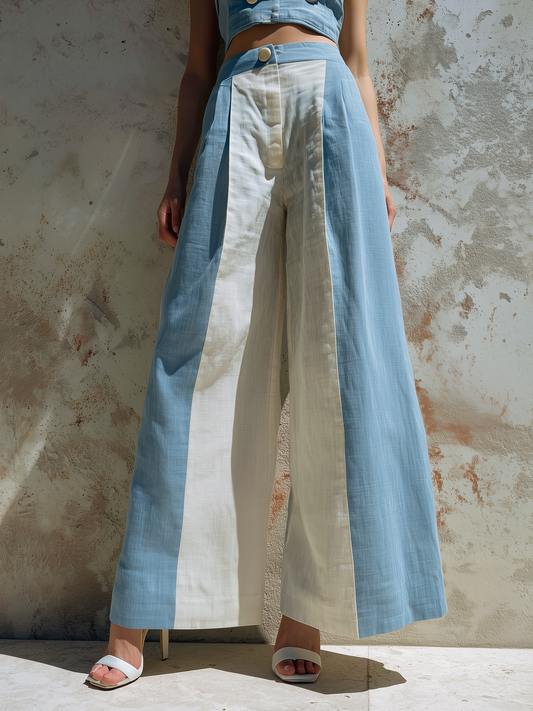 Blue and White Colorblock Linen Wide-Leg Pants