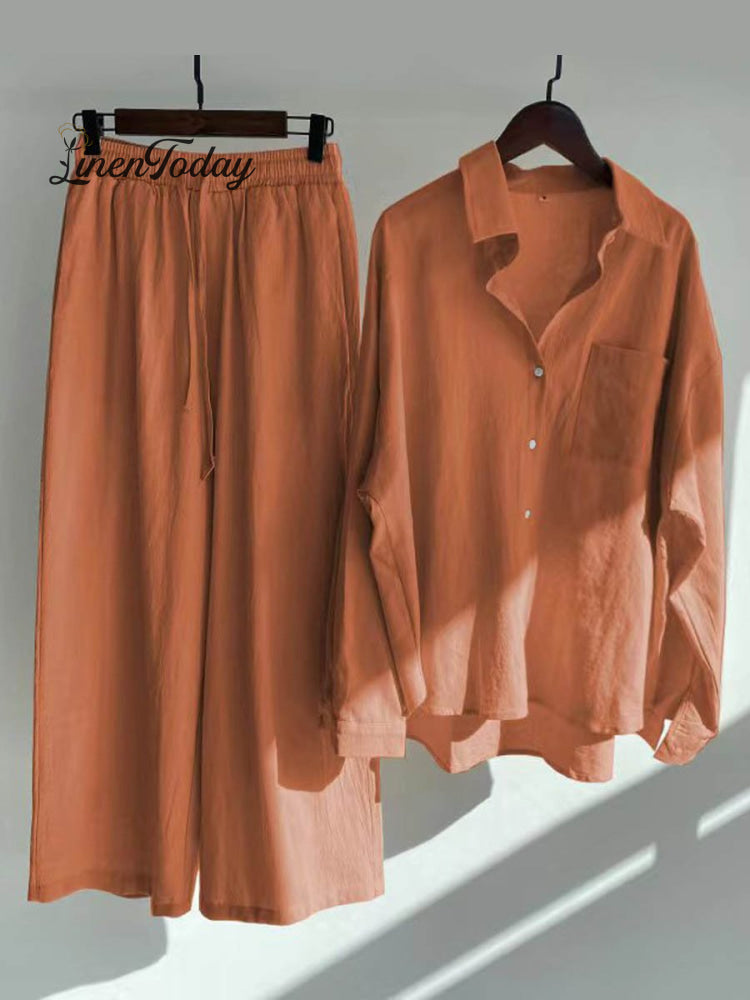 Solid Color Loose Elegant High Waist Casual Cotton and Linen Suit