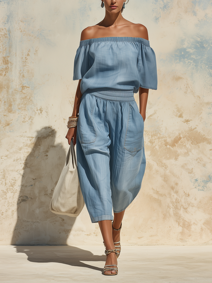 Off-The-Shoulder Denim Linen Blend Culotte Jumpsuit