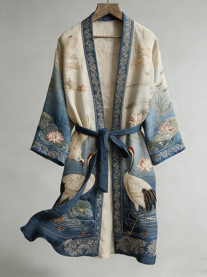 Retro Japanese Crane and Lotus Art Linen Blend Long Kimono