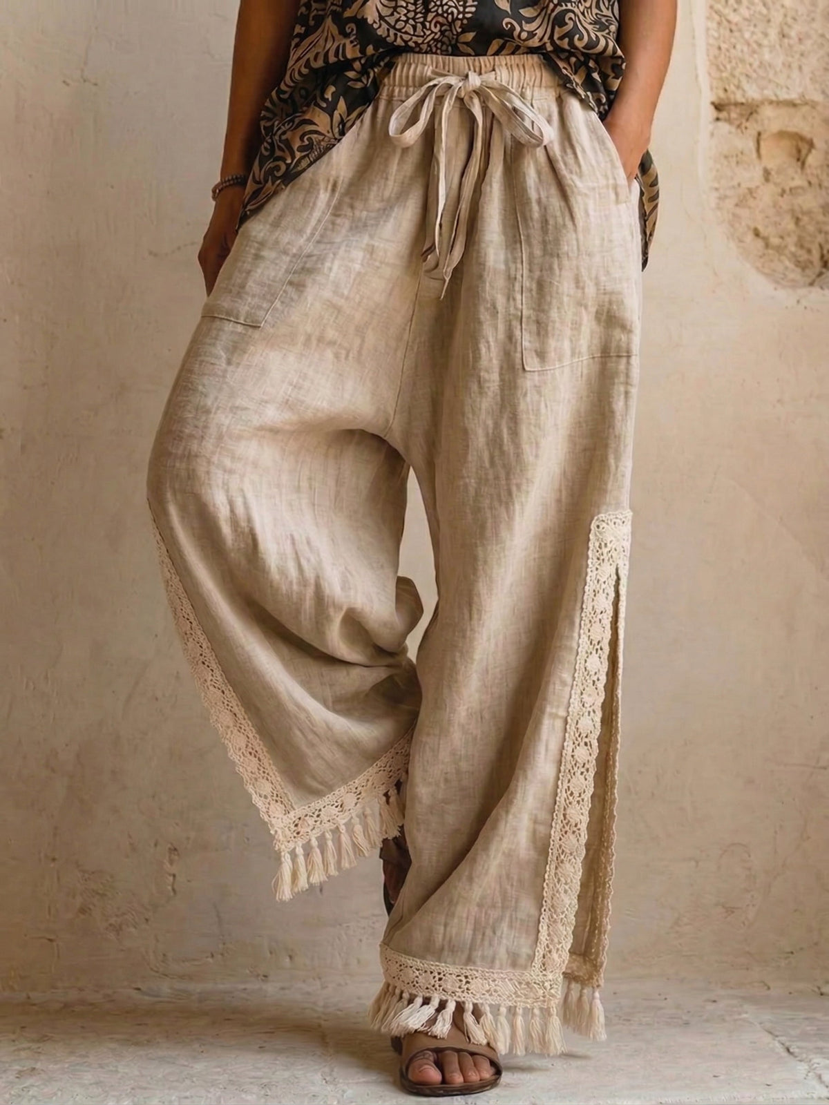 Cotton and Linen Wide-Leg Casual Pants