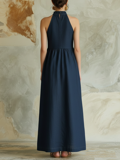 Halter Neck Colorblock Denim Maxi Dress