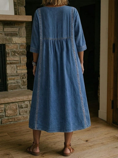 Lace Trim Denim Dress with Casual Loose Fit Vintage Denim Dress