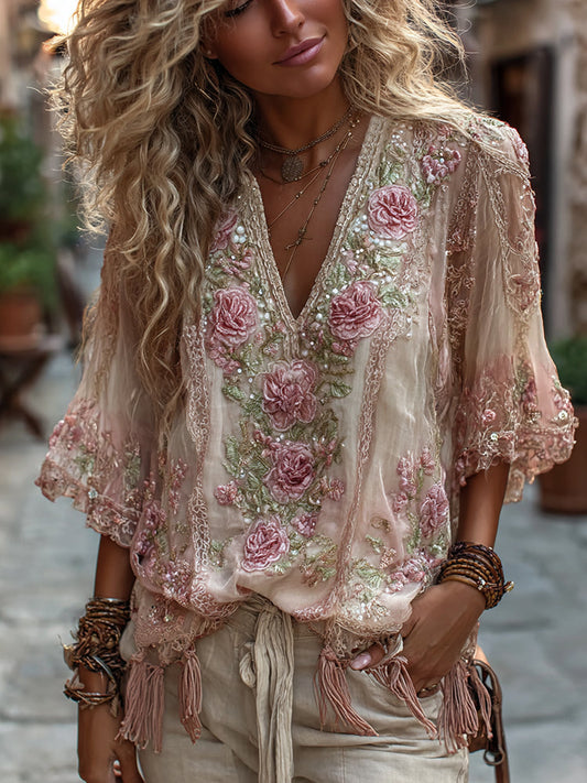 Vintage Rose Embroidery Art Comfy Linen Shirts