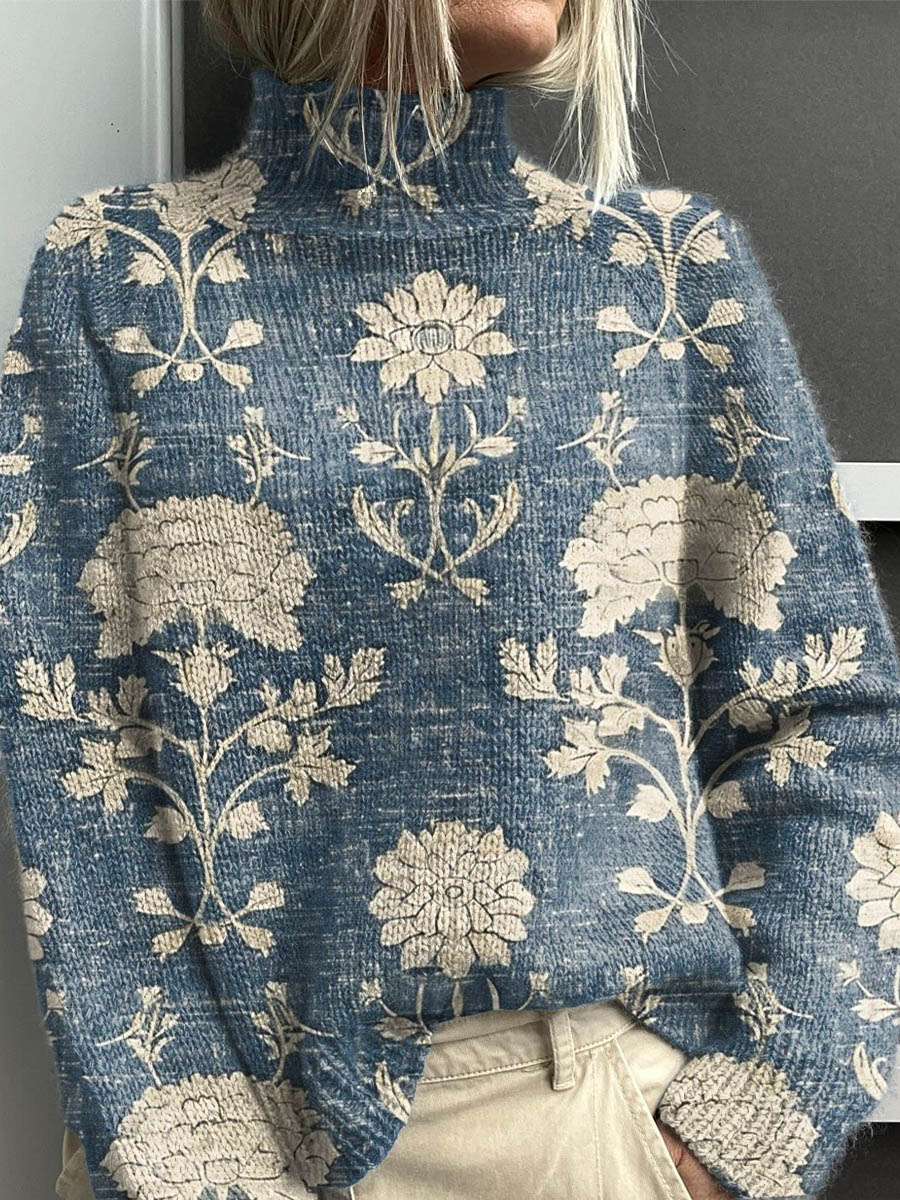 Vintage Lovely Floral Art Print Knit Turtleneck Pullover Sweater