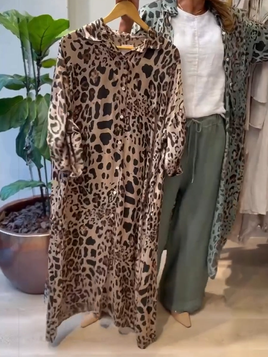 Leopard Print Linen and Cotton Shirt Dress