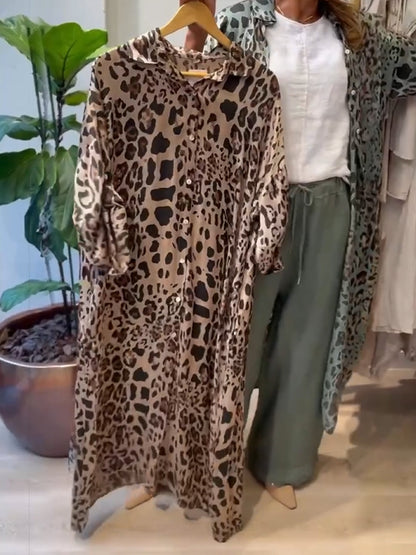 Leopard Print Linen and Cotton Shirt Dress