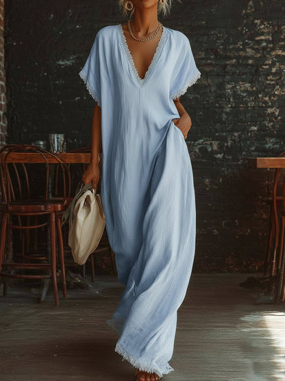Elegant Cozy Lace-Trimmed Loose Linen-Cotton Maxi Dress