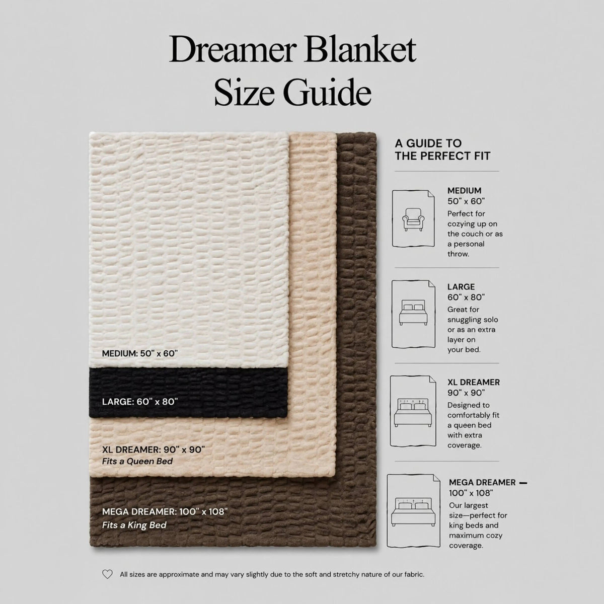 Dreamer blanket size guide for Medium, Large, XL Dreamer, and Mega Dreamer