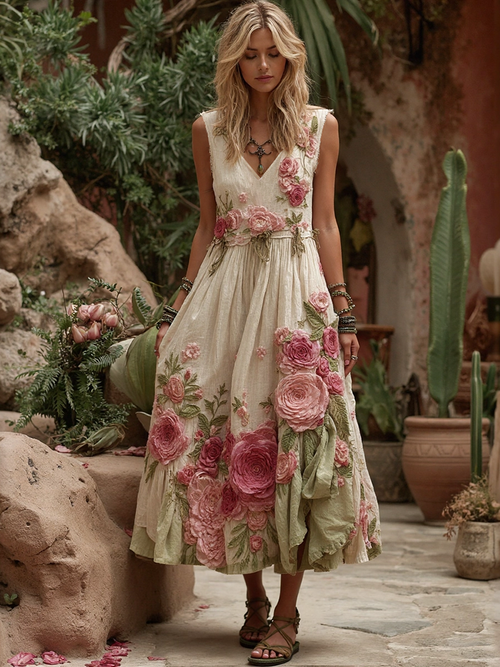 Women Vintage Floral Embroidery Art V-Neck Linen Maxi Dress
