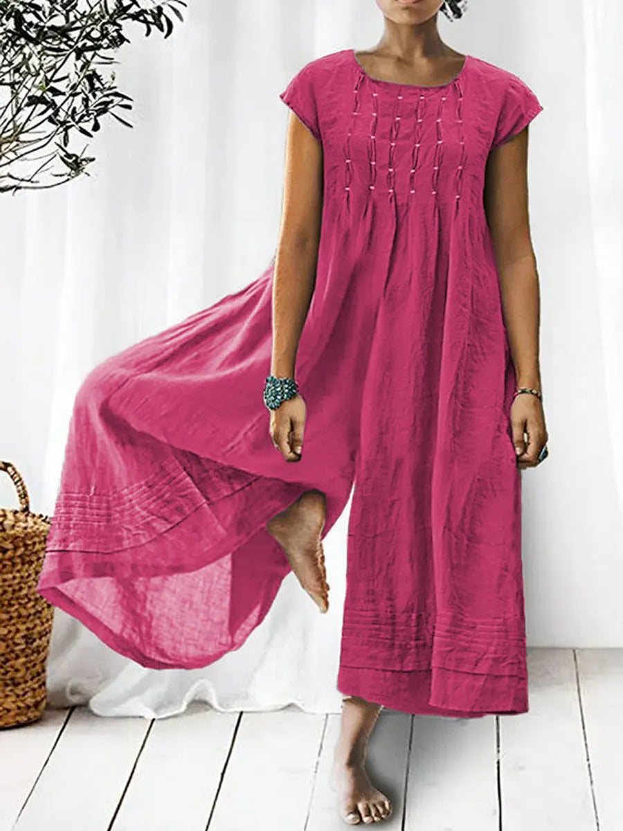 Solid Color Art Casual Short-Sleeve Cotton Linen Jumpsuit