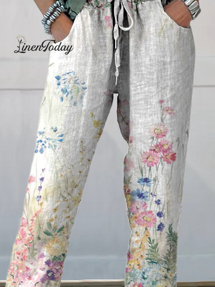 Vintage Botanical Floral Printed Cotton and Linen Casual Pants
