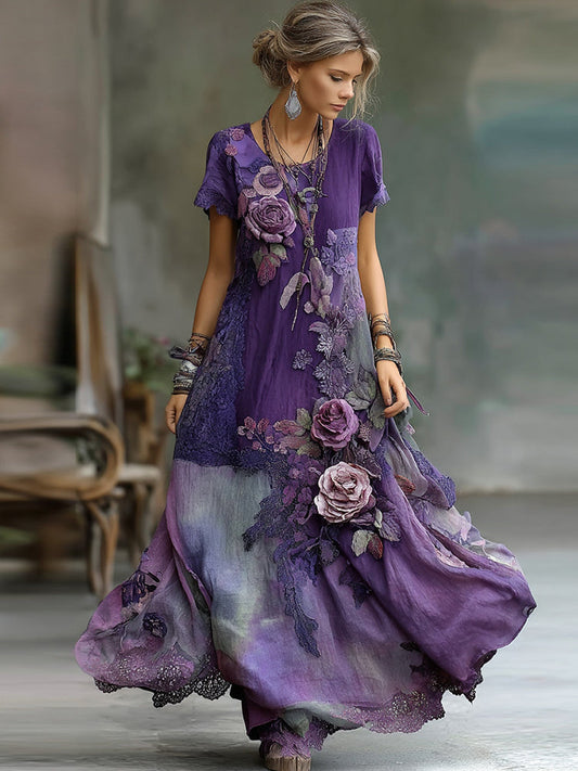 Vintage Bohemian Embroidered Floral Patchwork Short-Sleeve Maxi Dress