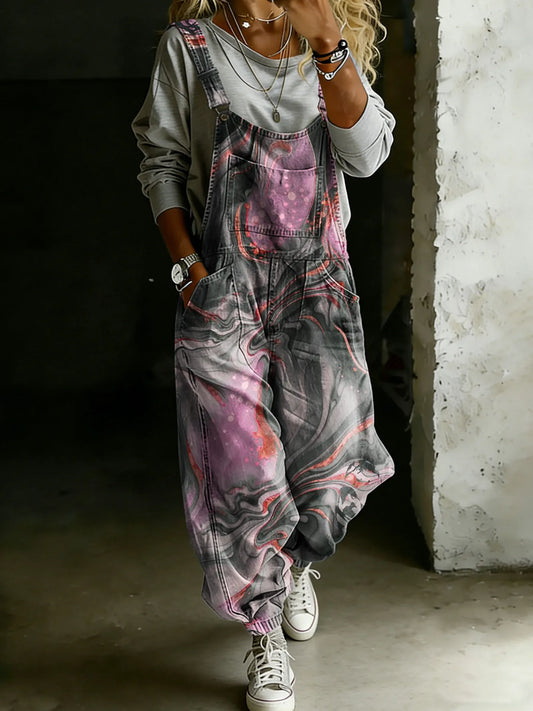 Vintage Waves Art Print Casual One Piece Denim Jumpsuit
