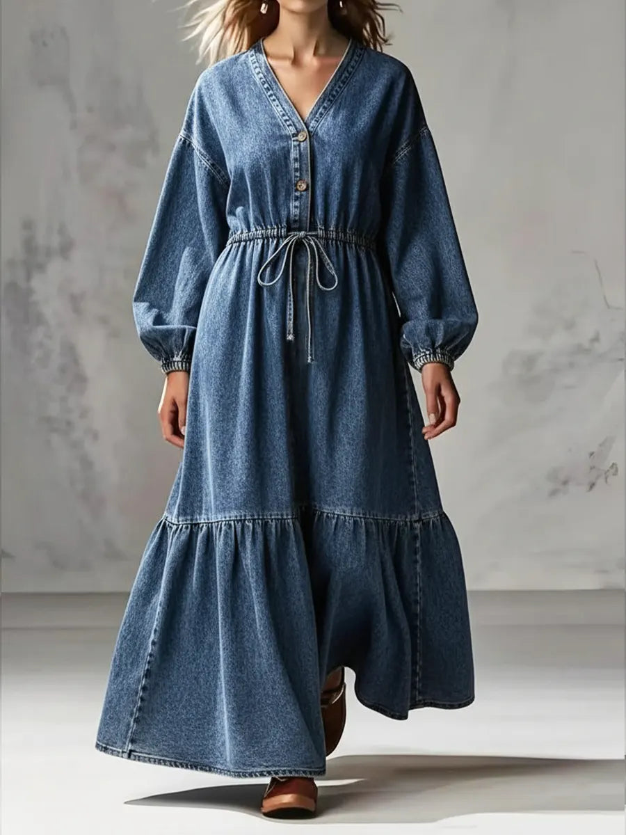 Casual V-Neck Denim Cotton Dress