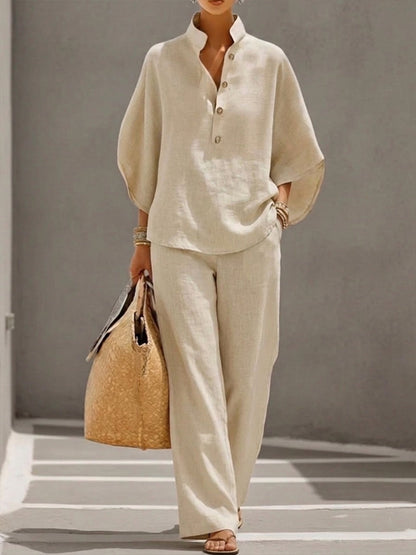 Batwing Sleeve Linen Cotton Two-Piece Set with Casual Shirt and Wide-Leg Pants Outfit