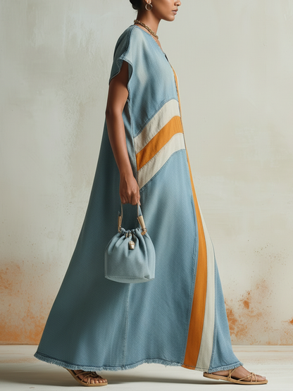 Colorblock Denim Caftan Maxi Dress