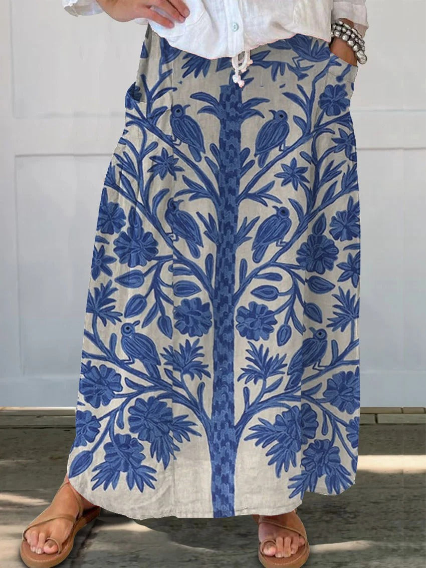 Vintage Floral Art Print Casual Cotton and Linen 3/4-Sleeve Shirt