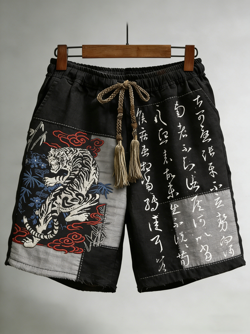 Men's Japanese Tiger Art Linen Comfy Shorts