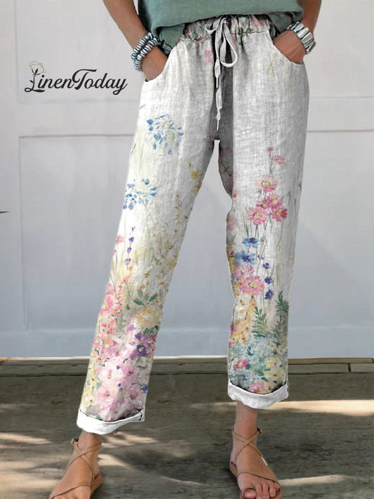 Vintage Botanical Floral Printed Cotton and Linen Casual Pants