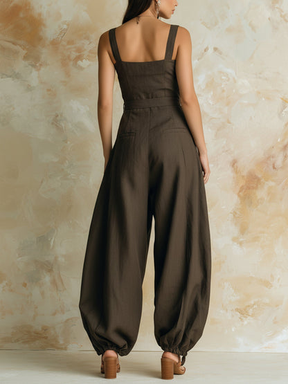Tie-Waist Button-Front Utility Jumpsuit with Ankle Ties
