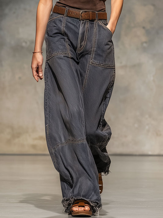Relaxed Loose Vintage Raw Edge Dark Grey Wide-Leg Jeans