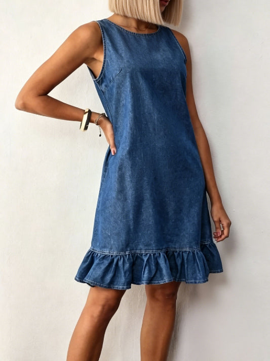 Button-Down Ruffled Denim Dress