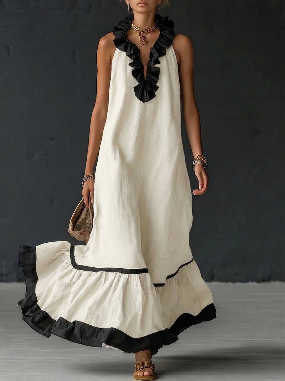 Elegant and Romantic Ruffled Color-Blocked Maxi Dress
