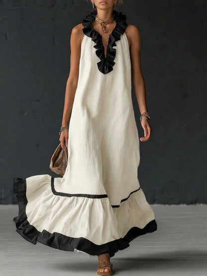 Elegant and Romantic Ruffled Color-Blocked Maxi Dress