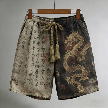 Men's Calligraphy with Dragon Art Pattern Linen Blend Casual Shorts