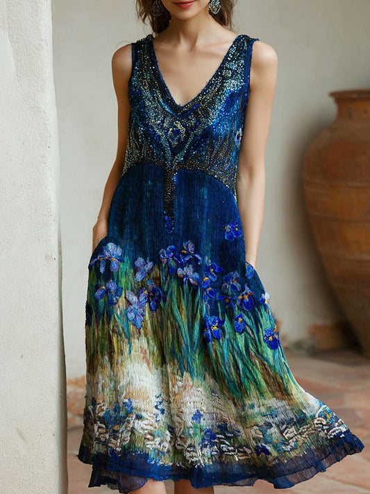 Oil Painting Embroidered Iris Sequined Midi Dress