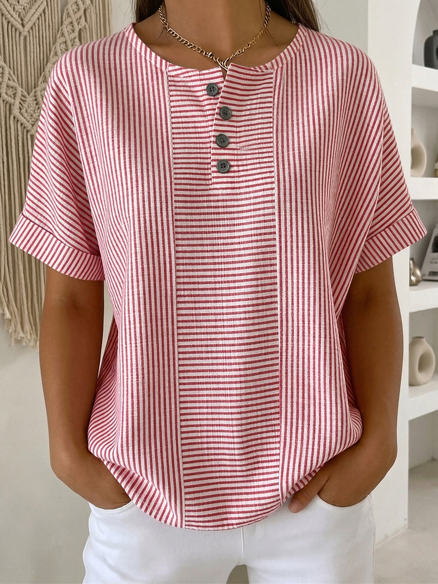 Artistic Cut Striped Cotton-Linen Shirt Blouse