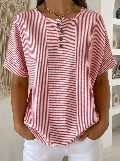 Artistic Cut Striped Cotton-Linen Shirt Blouse
