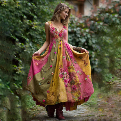 Bohemian Style Embroidered Flower Patchwork Fabric Piece Antique Sunset Color Sleeveless V-Neck Long Dress