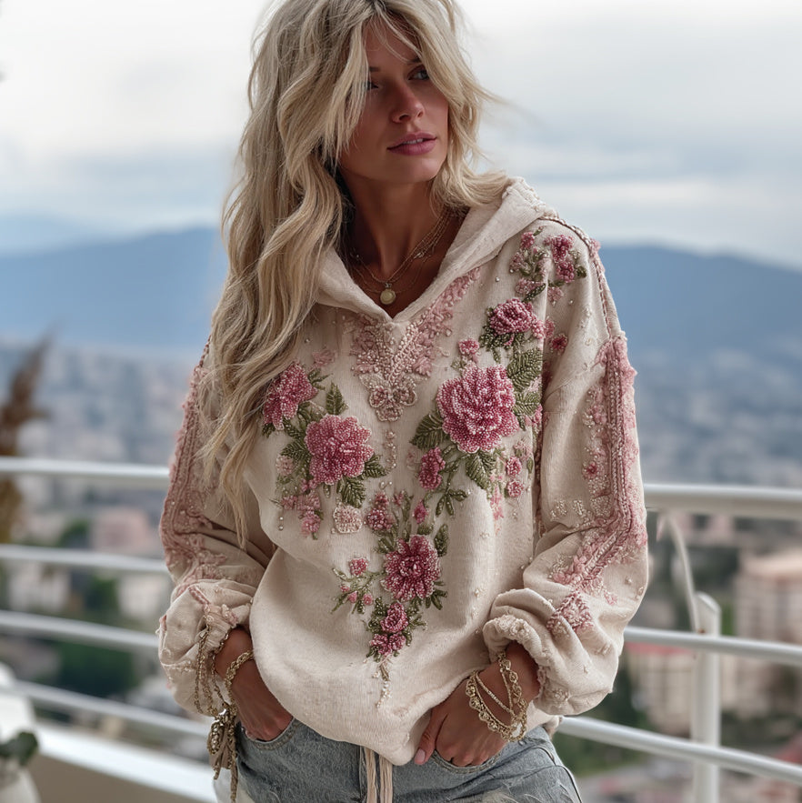 Vintage Pink Rose Embroidery Art Hooded Sweater
