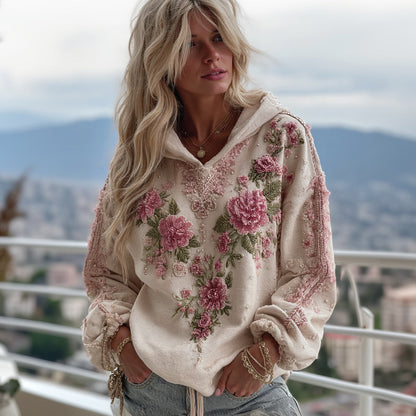 Vintage Pink Rose Embroidery Art Hooded Sweater