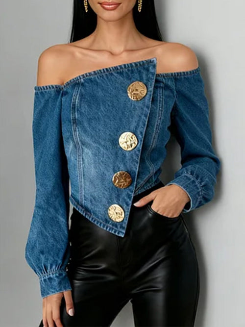 Off-The-Shoulder Long-Sleeved Loose-Fitting Denim Top