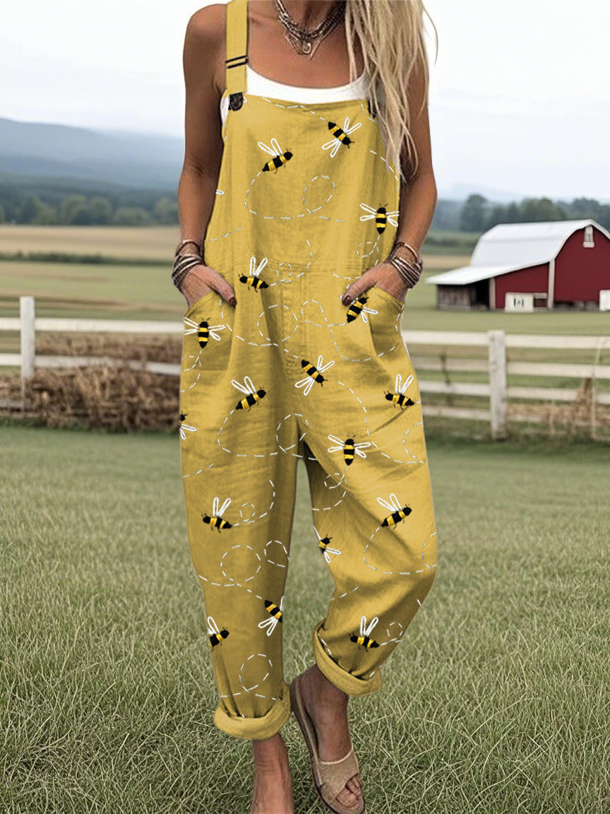 Flying Bees Embroidery Pattern Casual Cotton Wide-Leg Jumpsuit