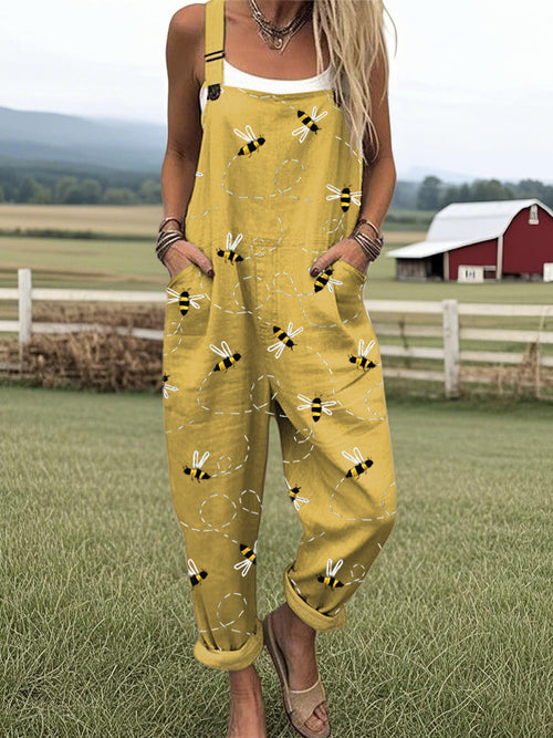Flying Bees Embroidery Pattern Casual Cotton Wide-Leg Jumpsuit