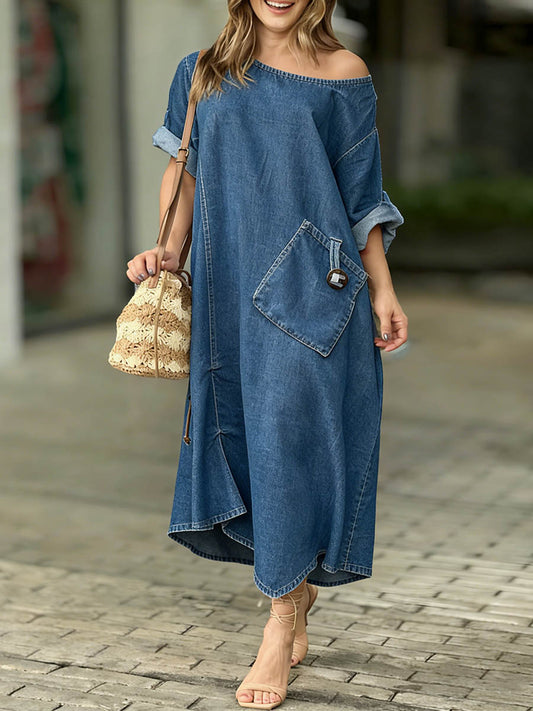 Round Neck 3/4-Sleeve Casual Loose Denim Dress