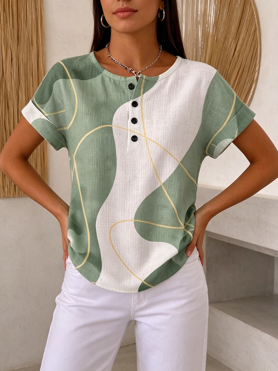 Artistic Line Print Cotton-Linen Blouse