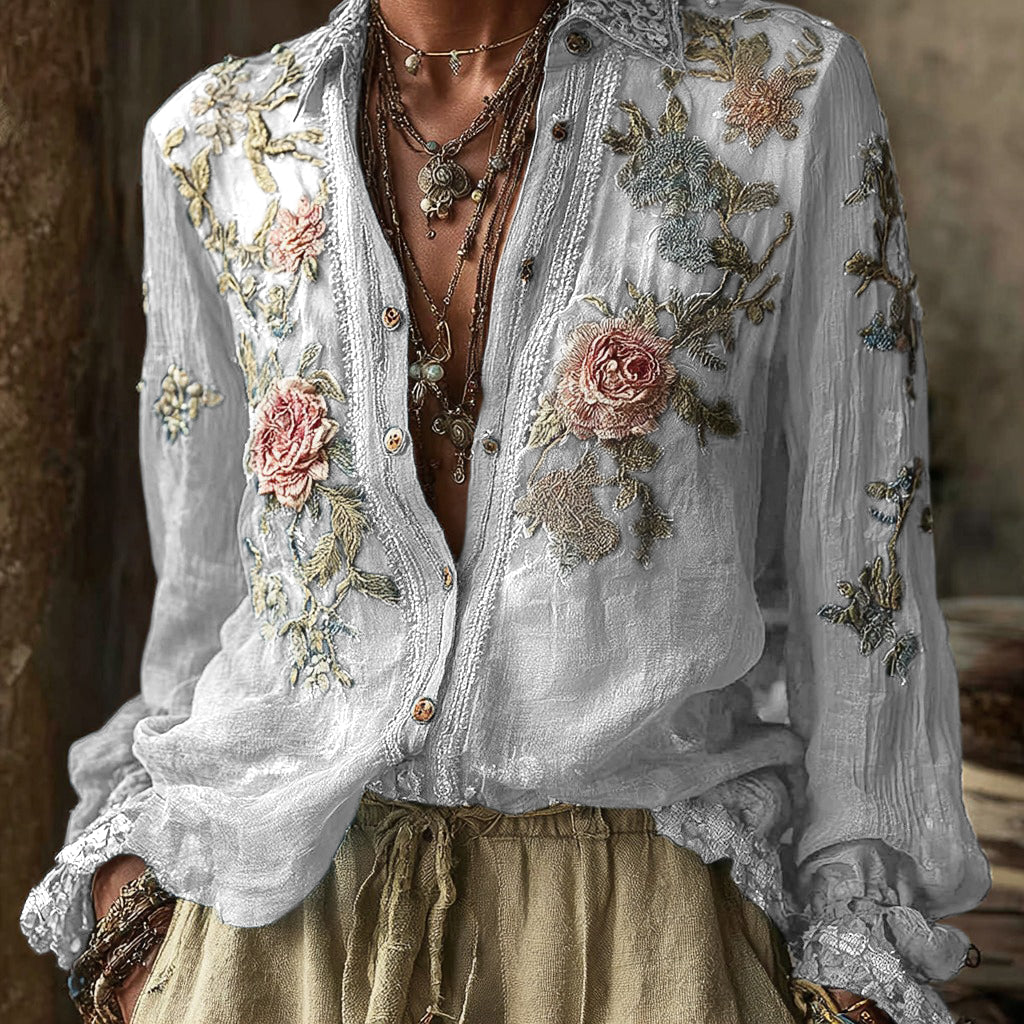 Vintage Bohemian Floral Pattern Linen Long-Sleeve Shirt