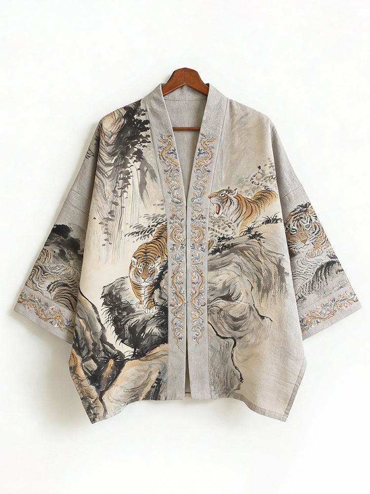 Landscape Painting and Tiger Art Pattern Linen Kimono Cardigan