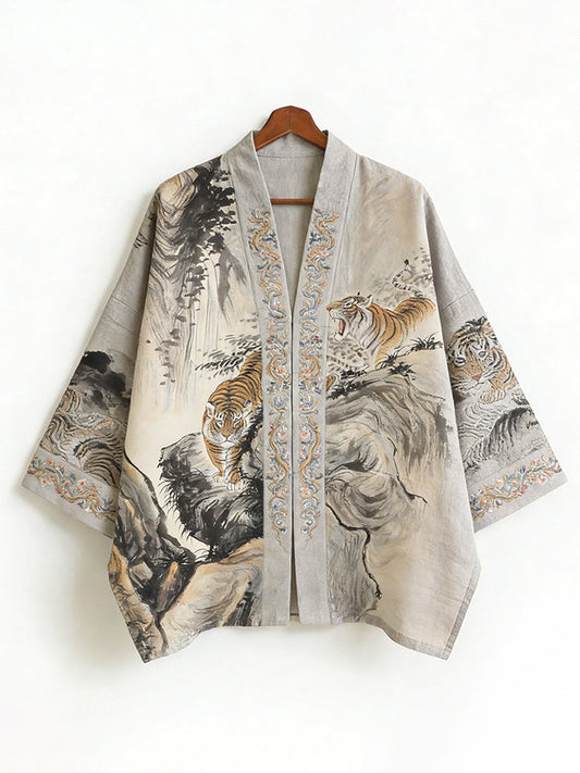 Landscape Painting and Tiger Art Pattern Linen Kimono Cardigan