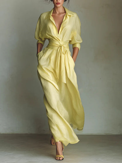 Waist-Cinching Shirt-Style Maxi Linen and Cotton Dress