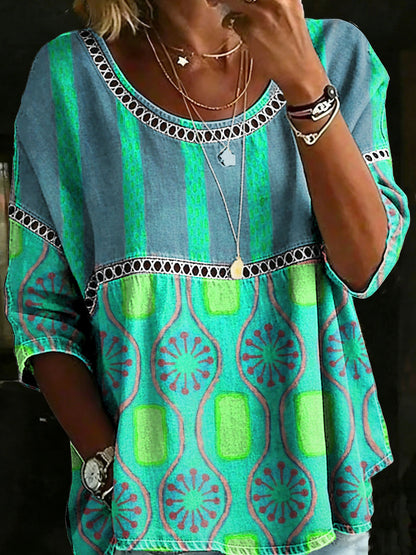 Vintage Abstrct Casual Loose Denim Blouse Shirt